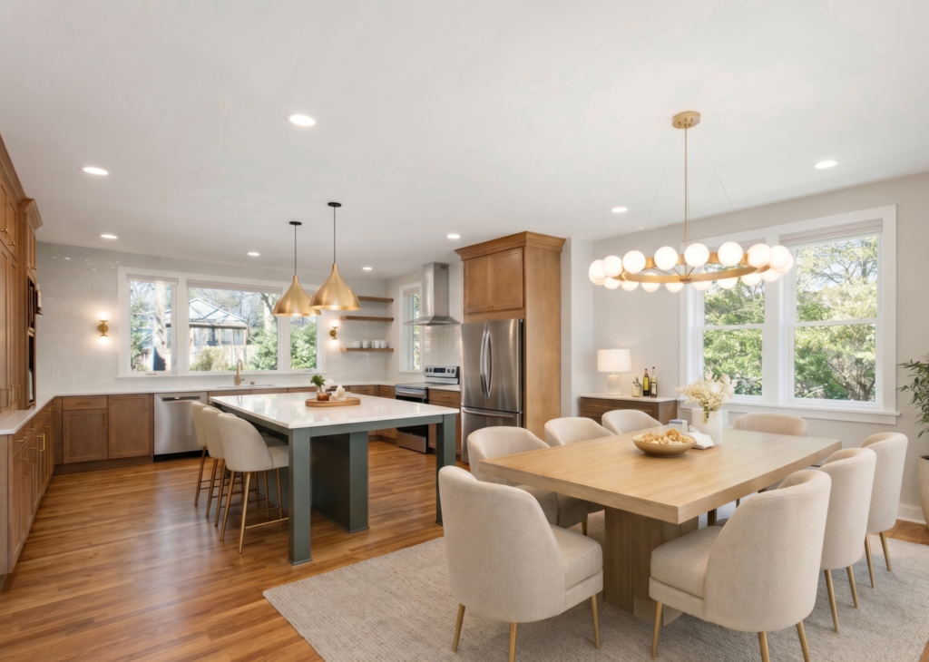 Open kitchen and dining area with a large island and light stone countertops in a CoCreations Homes renovation