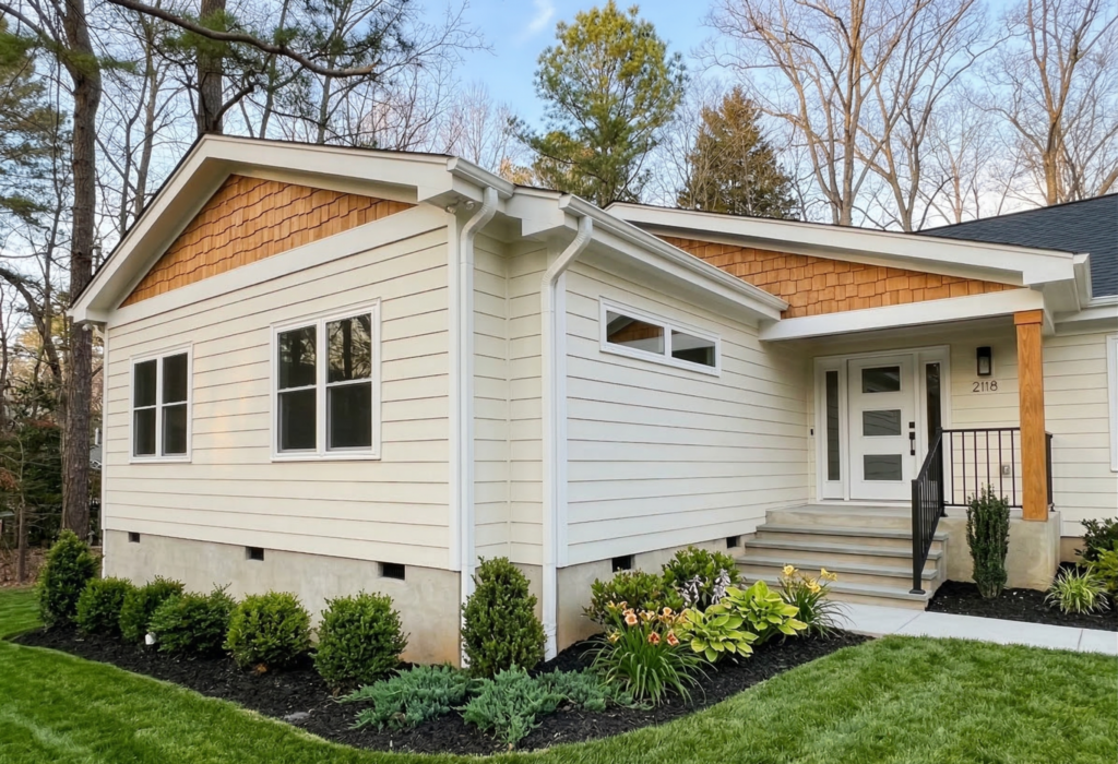 White house exterior with fresh landscaping and side entry walkway
