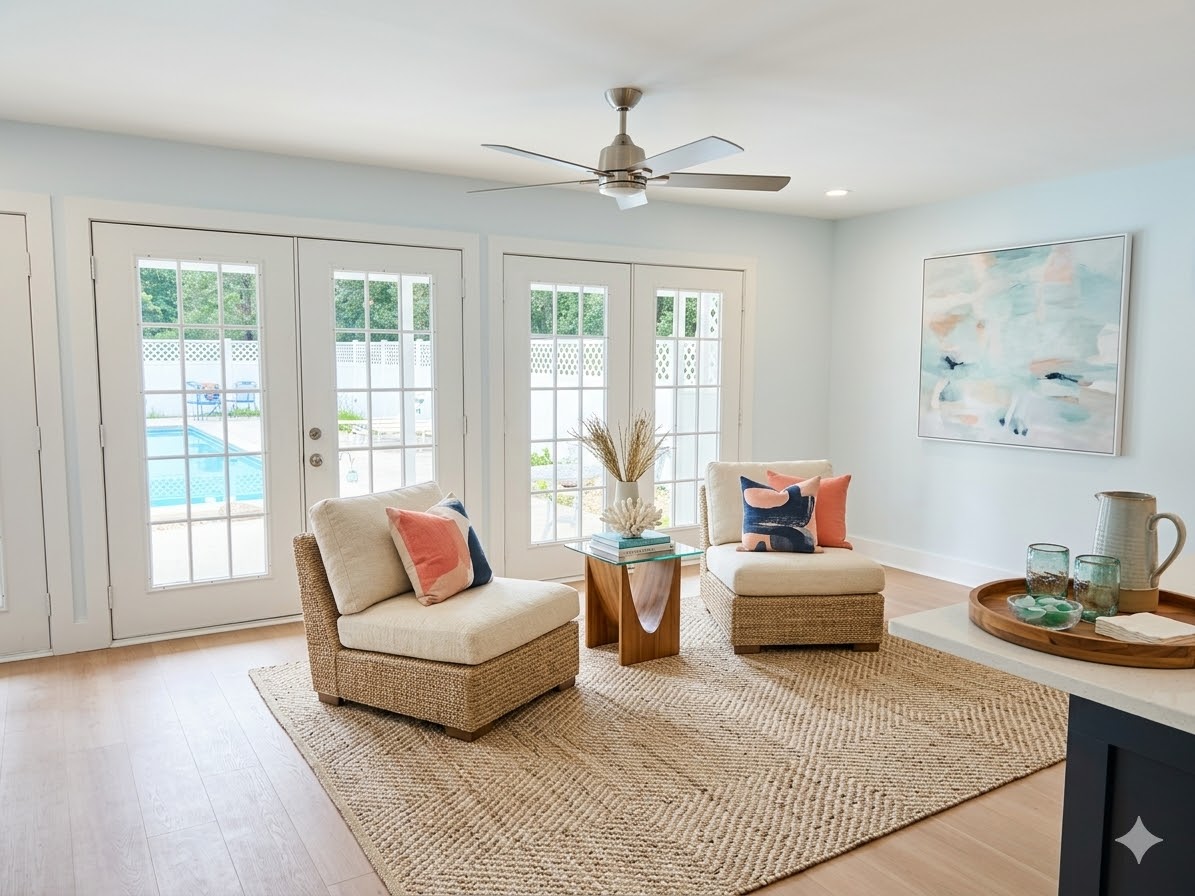 interior | CoCreations Construction & Design Sunroom with beige seating, ceiling fan, and bright windows | CoCreations Construction & Design